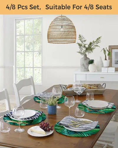 Vista 4 de Round Placemats Set of 4 Tropical Plants Place Mats Washable Woven Placemat Monstera Leaf Circle Braided Heat Resistant Table Mat for Kitchen Dining