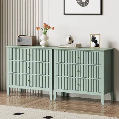 Vista 23 de RoyalCraft - Mesa auxiliar beige acanalada con 2 cajones, mesa auxiliar colorida para dormitorio, mesa auxiliar moderna de madera con almacenamiento