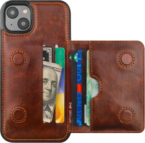 Vista 9 de KIHUWEY Funda compatible con iPhone 14 Plus con tarjetero de cuero de primera calidad, cierre magnético oculto, duradero, a prueba de golpes