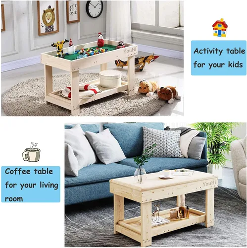 Vista 3 de Mesa de actividades para niños YouHi con tablero y almacenamiento para mesa de juegos de bloques (Color madera)