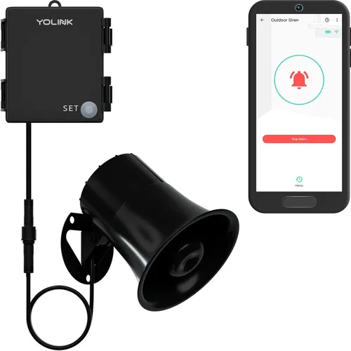 YoLink Kit de sirena de seguridad para exteriores y controlador de alarma inteligente: 110 dB, inalámbrico, alimentado por batería, alcance de 1/4