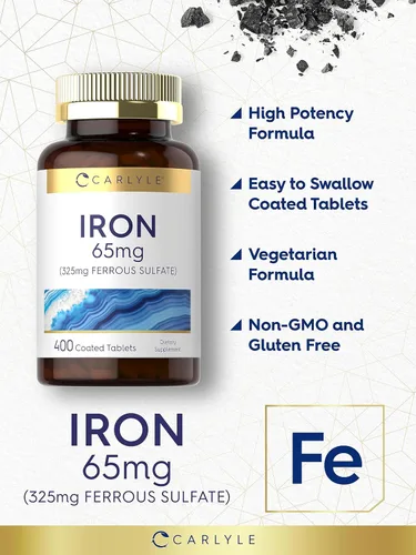 Vista 4 de Carlyle Sulfato ferroso de hierro 325 mg, 65 mg 400 tabletas Sin OMG, sin gluten y suplemento vegetariano Alta potencia
