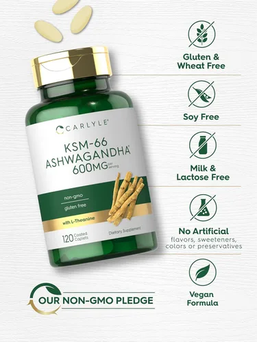 Vista 5 de Carlyle KSM-66 Extracto de raíz de Ashwagandha de 600 mg 120 comprimidos veganos Suplemento con L-teanina Sin OMG, sin gluten