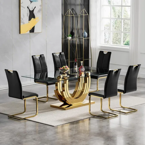 Vista 16 de Pvillez Juego de mesa de comedor de cristal dorado moderno de 70 pulgadas para 4, juego de mesa rectangular de 5 piezas con base de acero