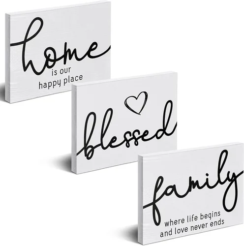 Vista 8 de Jetec 3 piezas de letrero de hogar familiar bendecido en madera rústica, letrero decorativo mini en forma de corazón, decoración en madera