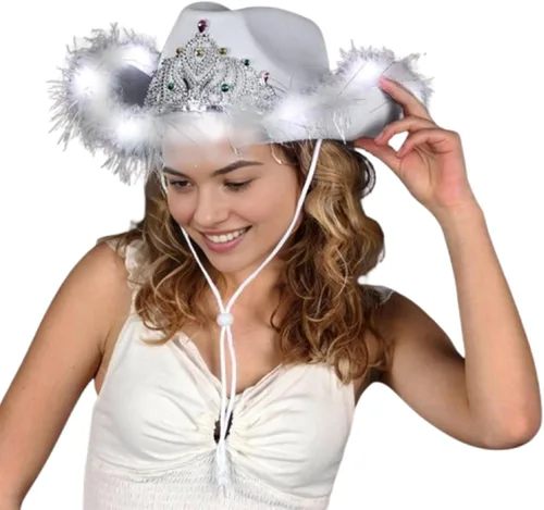 Vista 5 de blinkee Sombrero de vaquera nupcial con tiara blanca iluminada para despedida de soltera y fiesta nupcial