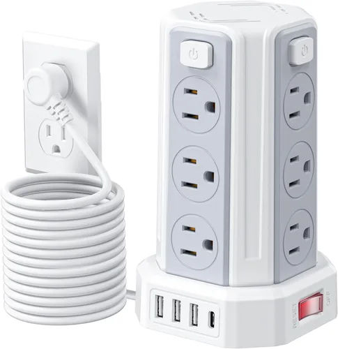 Vista 16 de Regleta de alimentación con protector contra sobretensiones, cable de extensión de 10 pies con 12 tomacorrientes múltiples de CA y 4 USB (1 USB C)