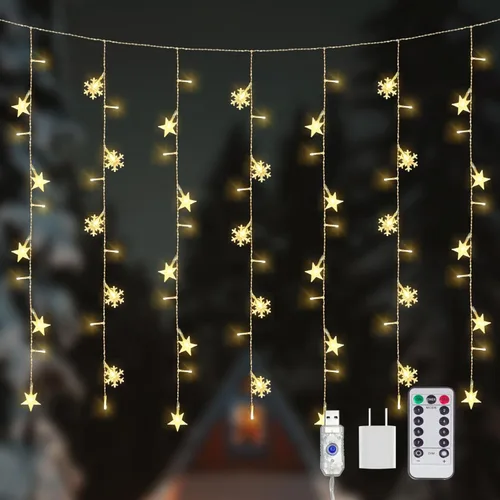 Vista 5 de Newhale Tira de luces de cortina de Navidad con 8 modos de luces con copo de nieve y estrella, luces de pared para decoración de Navidad