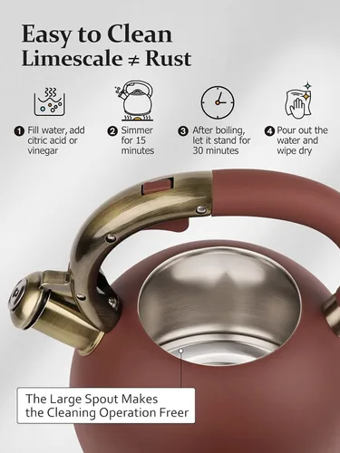 Vista 7 de RETTBERG Hervidor de té para estufa, teteras de té silbantes, teteras de acero inoxidable rojo retro, 2.64 cuartos de galón (rojo escarchado)