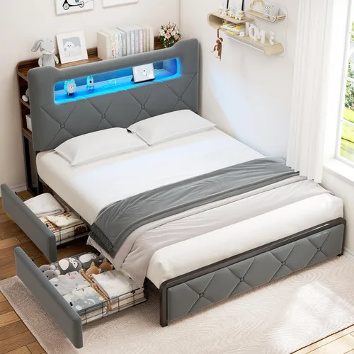 Vista 10 de Marco de cama LED tapizada tamaño twin con 2 cajones de almacenamiento y cabecera de estantería de almacenamiento de 2 niveles, cama de plataforma