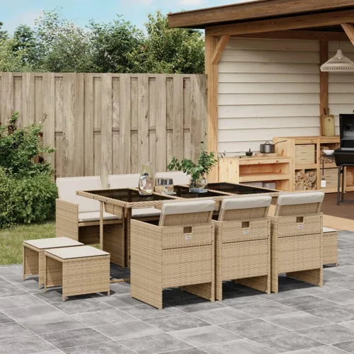 Vista 14 de 9 Piece Patio Dining Set with Cushions, Beige Poly Rattan Outdoor Furniture Set, Foldable Chairs and Stools, Tempered Glass Table for Garden