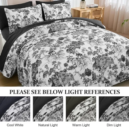 Vista 8 de DJY Juego de edredón de cama Queen en negro, 7 piezas de edredón negro y blanco tamaño Queen con elegante impresión de plantas botánicas