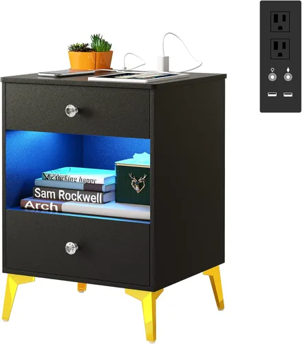 Moderna mesita de noche con estación de carga, 23 pulgadas de alto x 18 pulgadas de ancho, mesita de noche negra para muebles de dormitorio con 2