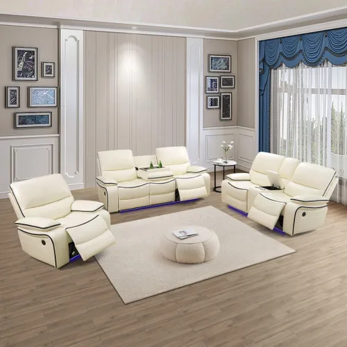 Vista 12 de Juego de sofá reclinable de cuero, juego de sofá manual para sala de estar, juego de muebles de sala con consola de almacenamiento y portavasos
