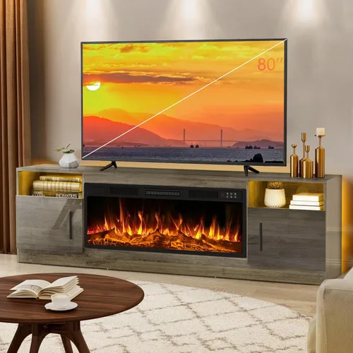 Vista 12 de Lemberi Soporte de TV para Chimenea con Chimenea de 36 pulgadas Para TVs de Hasta 80", Centro de Entretenimiento con Luz LED y Almacenamiento