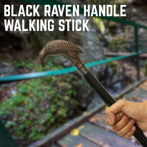Vista 5 de Raven - Bastón hecho a mano con mango de cabeza de cuervo de latón macizo y eje de madera de primera calidad, para apoyo, cosplay o coleccionistas