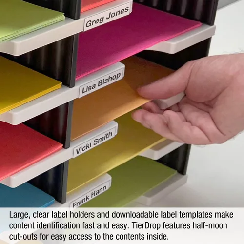 Vista 7 de Organizador de escritorio clasificador de 6 bandejas de letras más base de almacenamiento elevadora y 2 cajones de suministro. TierDrop Plus
