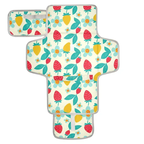 Strawberries Portable Changing Pad with Built-in Pillow, Waterproof Foldable Baby Diaper Changing Pads, Diaper Mat for Boys and Girls