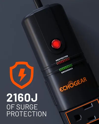 Vista 3 de ECHOGEAR VoltSpin - Regleta de alimentación con protector de sobretensiones, enchufes giratorios, enchufe plano, cable largo y agujeros de montaje