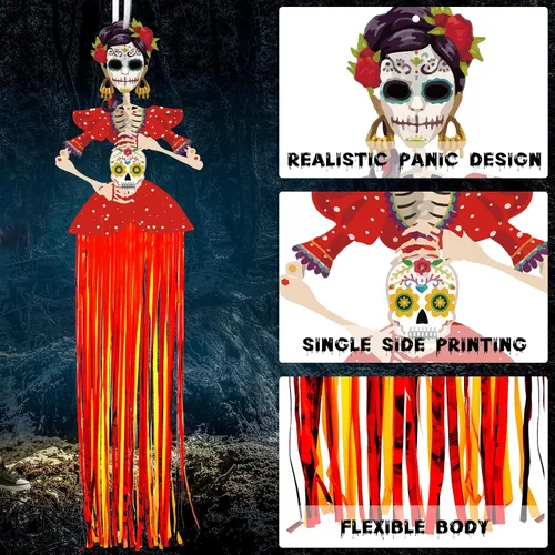 Vista 5 de 6 piezas de 6 piezas de decoraciones del Día de los Muertos de 3 pies de diámetro de los muertos colgantes de calavera de azúcar, decoración