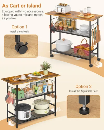 Vista 5 de Isla de cocina con 3 estantes, carrito de cocina rodante con 6 ganchos y estante protector, soporte de microondas con ruedas bloqueables, estante