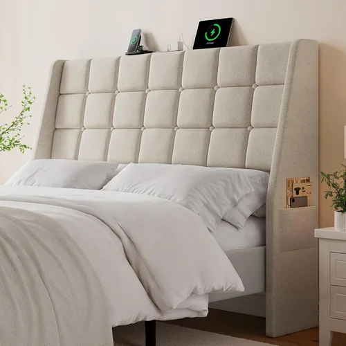Vista 11 de Cabecera ergonómica tapizada de tamaño completo con estación de carga, cabeceros wingback de lino con bolsillo de almacenamiento, solo cabecero