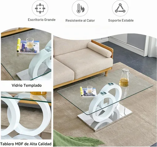 Vista 6 de Mesa de centro de cristal para sala de estar, mesa moderna de vidrio templado y patas de MDF, pequeña mesa de centro moderna (negro, estilo 1)