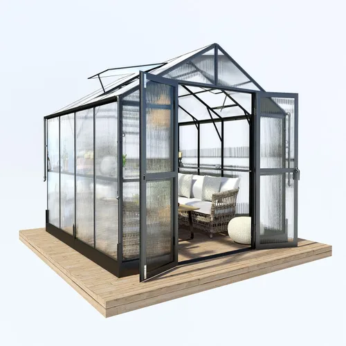 Vista 8 de HOWE Invernaderos de aluminio de 8 x 8 x 7.5 pies para exteriores, invernadero de policarbonato con 2 rejillas de ventilación con puerta abatible