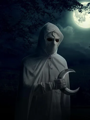 Vista 6 de Máscara de luna de látex con casco de caballero, guantes blancos, máscara para el cuello, máscara de cosplay, máscara de disfraz de Halloween