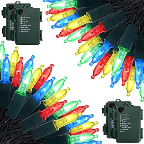 Vista 13 de Luces de Navidad a pilas, paquete de 2 mini tiras de 50 luces LED de 17 pies con 8 modos de temporizador automático, luces de árbol impermeables