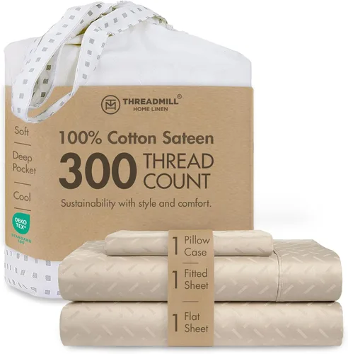 Threadmill Juego de sábanas de algodón Twin | Sábanas 100% algodón para cama tamaño Twin | Juego de sábanas de satén jacquard damasco con bolsillo