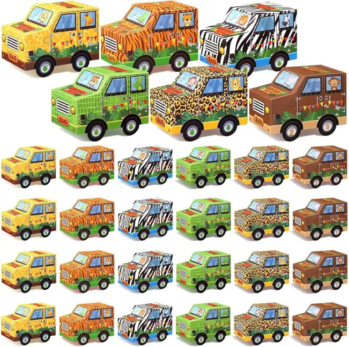 Yeaqee 24 cajas de regalo con temática de animales para fiestas con forma de camión, cajas de golosinas, bolsas de regalo para fiestas de selva