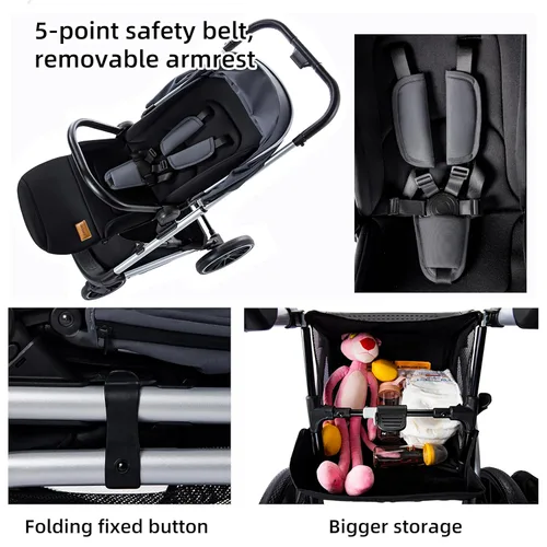Vista 4 de Cochecito reversible, cochecito para niños pequeños con asiento convertible, cochecitos de viaje plegables con modelo acostado, cochecito alto