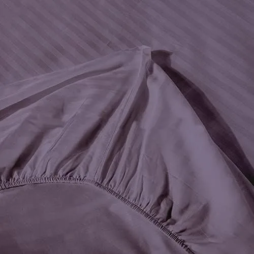 Vista 3 de Lasin Bedding Sábana bajera de lujo súper suave, 100% algodón, rayas, tamaño matrimonial de 54 x 75 pulgadas, caída de 12 pulgadas, color morado