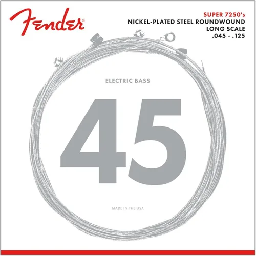 Fender 7250 Cuerdas para bajos, acero niquelado enrollado redondo, escala larga, 7250-5M .045-.125