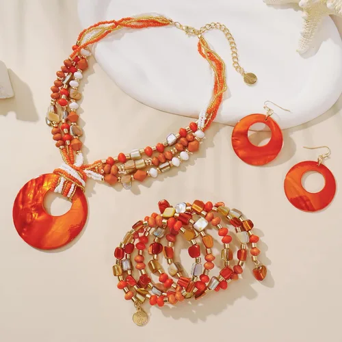 Vista 3 de Juego de joyas para mujer, 4 piezas de cuentas gruesas de la señora Roper para mujer, collar de concha colorido bohemio de múltiples hebras