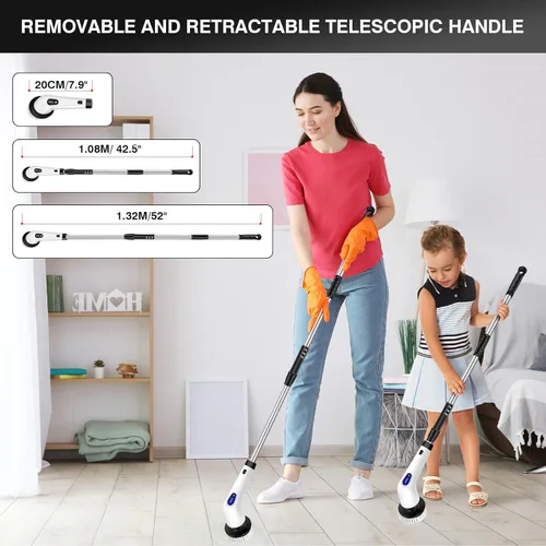 Vista 2 de HSHa Limpiador eléctrico giratorio, limpiador de ducha inalámbrico con mango largo, 2 velocidades ajustables, cepillo de limpieza de ducha con 10