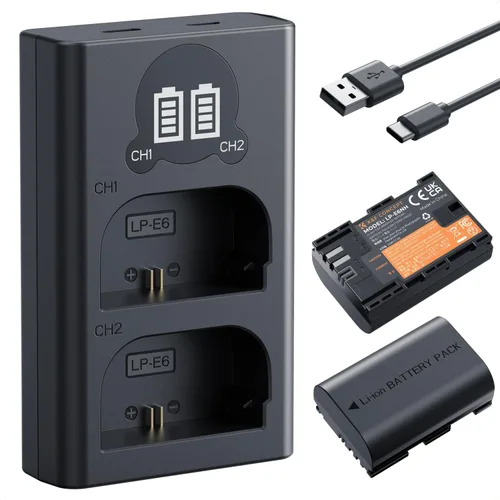 K&F CONCEPT Juego de batería y cargador LP-E6NH de 2600 mAh compatible con Canon EOS R7, R6, R5, R, 6D Mark II, 5D Mark IV, 5D Mark III, 5DS, 5DS R,