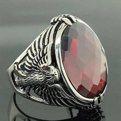 Vista 3 de Men Handmade Eagle Ring, Ruby Stone Ring, Silver Red Ruby Stone Ring, 925k Sterling Silver Ring, Handmade American Eagle Mens Ring