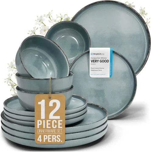 Vista 53 de Juego de vajilla de gres para 4 personas 12 piezas – Juego de platos y cuencos negros mate – Apto para lavavajillas, microondas y resistente a