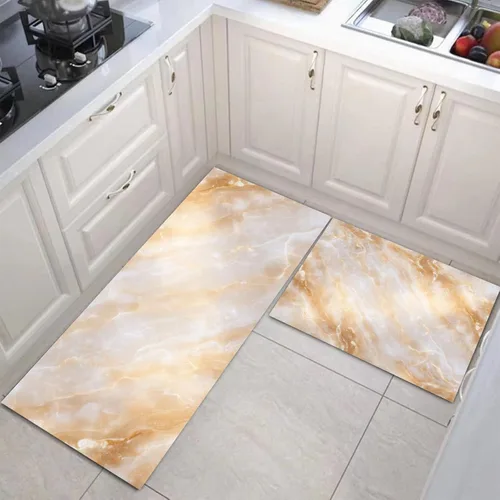 Vista 4 de 2Pcs Elegant Marble Texture Kitchen Mats for Floor Beige Retro Aesthetics Printed Non-Slip Washable Rugs Set Runner for Holiday Decor Entrance Porch