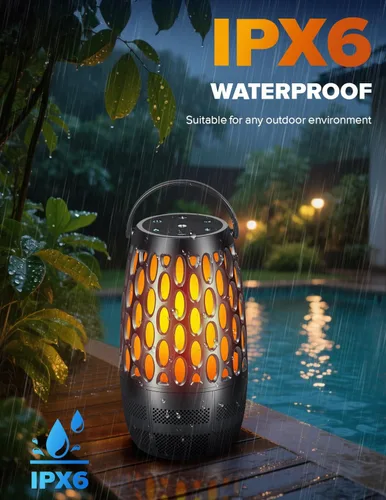 Vista 5 de Altavoces para exteriores con llama y luces RGB, estéreo HD de 10 W, emparejamiento automático Bluetooth 5.3, multisincronización de más de 100
