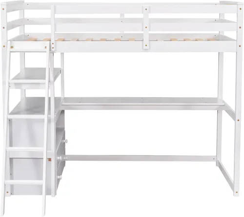 Vista 68 de Cama tipo loft de tamaño individual con estantes y escritorio, marco de cama de madera con escalera inclinada y barandilla de seguridad, adecuada