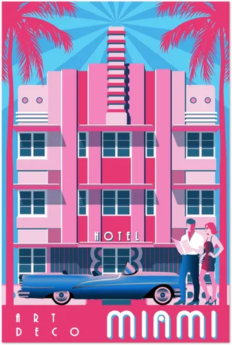 Vista 3 de Art Deco Miami Beach Florida Edificio Rosa Estados Unidos Retro Viaje Hogar Coleccionable Decoración de Pared Publicidad Arte Póster Impreso. 10 x