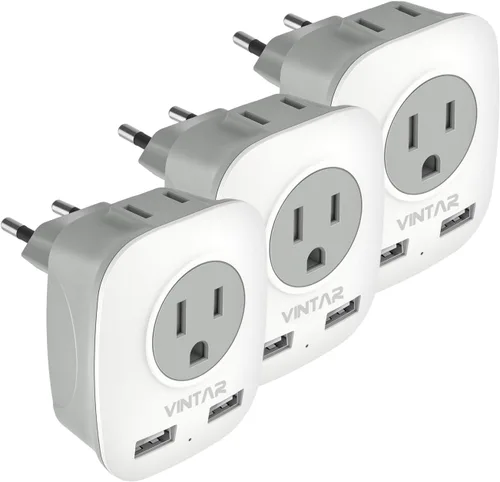 Vista 8 de VINTAR International - Paquete de 3 adaptadores de enchufe de viaje europeos, adaptador de enchufe de alimentación internacional con 2 salidas
