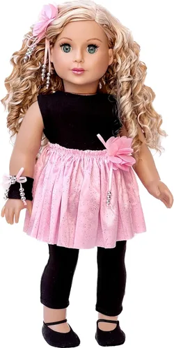Vista 5 de Showtime - Conjunto de 5 piezas, unitardo negro, falda tutú rosa, zapatillas de ballet, ramillete, postizo – ropa para muñecas de 18 pulgadas