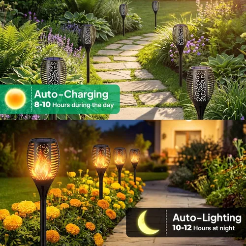 Vista 6 de TomCare Luces solares para exteriores, luces solares de llama parpadeante, impermeables, iluminación al aire libre, luces de camino, decoraciones