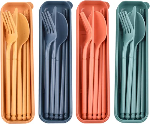 Vista 11 de Juego de utensilios de campamento, juego de utensilios reutilizables con estuche, juego de cubiertos de plástico, tenedores, cuchara, palillos