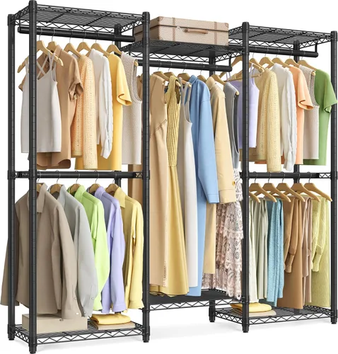 SONGMICS Perchero de alta resistencia, perchero para ropa, armario portátil, estante de ropa de 56.9 pulgadas de ancho, con estantes de malla