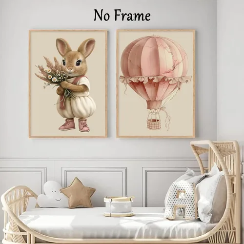 Vista 6 de Lienzo de globo aerostático para pared, diseño de conejito estético rosa, acuarela, cuarto de bebé, arte de pared de gato, conejo con flores
